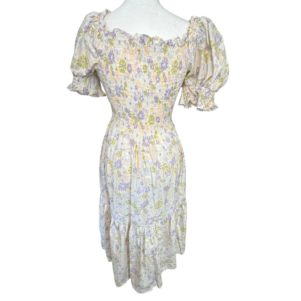 Levi's Smocked Floral Puff Sleeve Tiered Midi Dress M Yellow Purple Cottage Boho - Picture 2 of 10